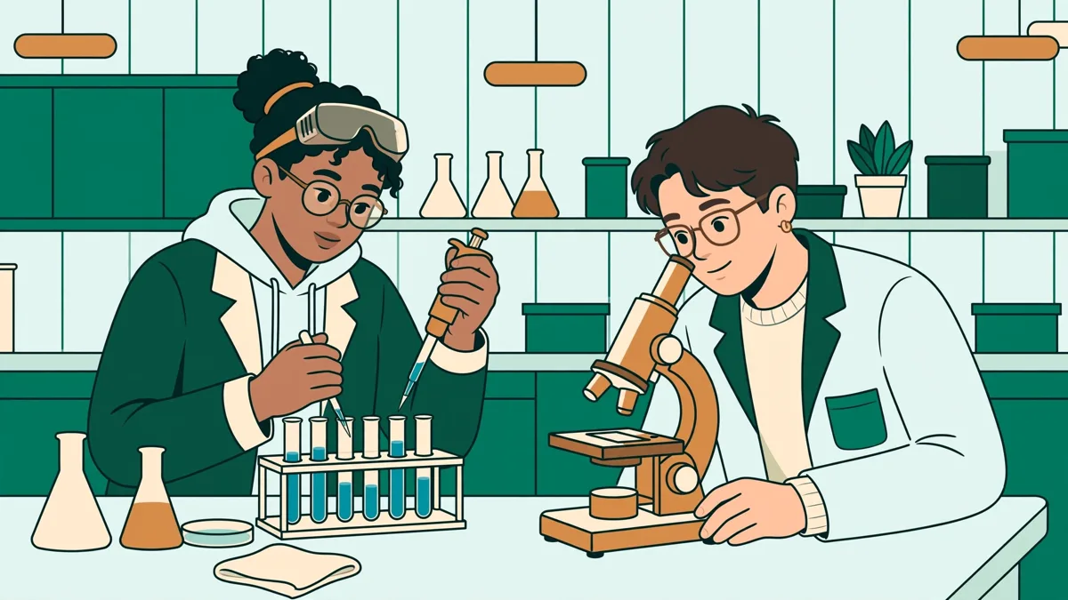 Deux étudiants en blouse en travaux pratiques, l'un qui pipette un liquide coloré, l'autre qui observe au microscope dans un laboratoire d'enseignement lumineux