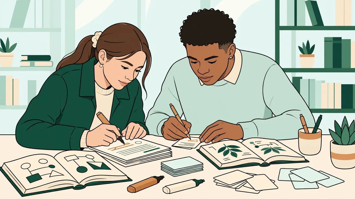 Deux étudiants qui fichent leurs cours et surlignent des documents dans une bibliothèque universitaire lumineuse