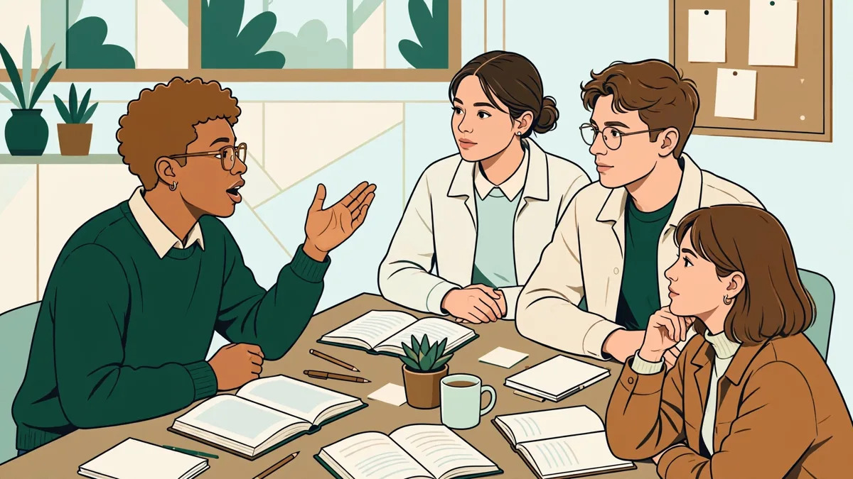Petit groupe d'étudiants qui débattent autour d'une table en travaux dirigés, carnets et textes ouverts devant eux