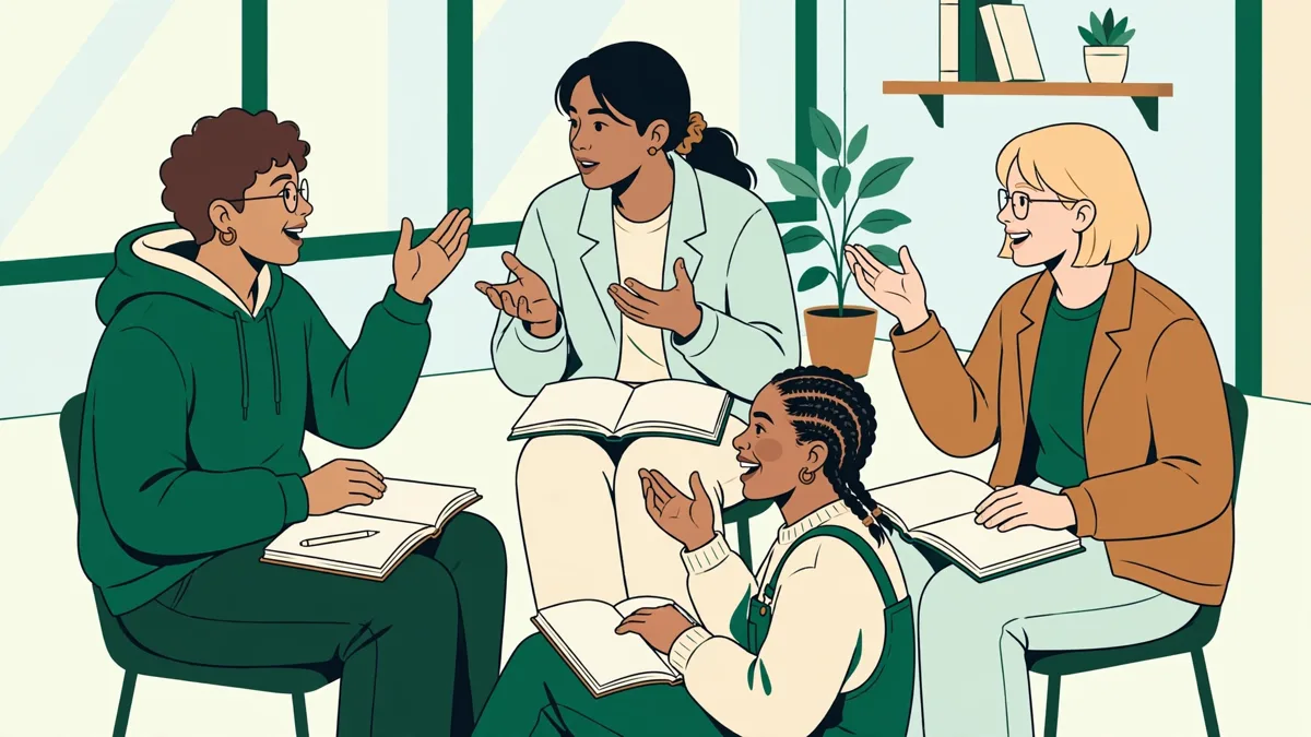 Quatre étudiants en cercle dans une salle claire, en plein échange oral en langue étrangère, carnets ouverts et gestes animés.