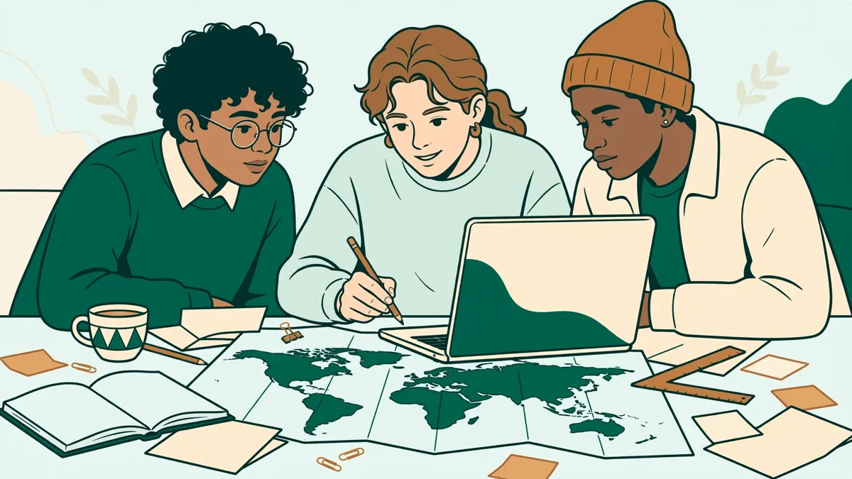 Trois étudiants autour d'une table, préparant une présentation sur l'import-export avec un ordinateur portable, des cartes et des fiches.