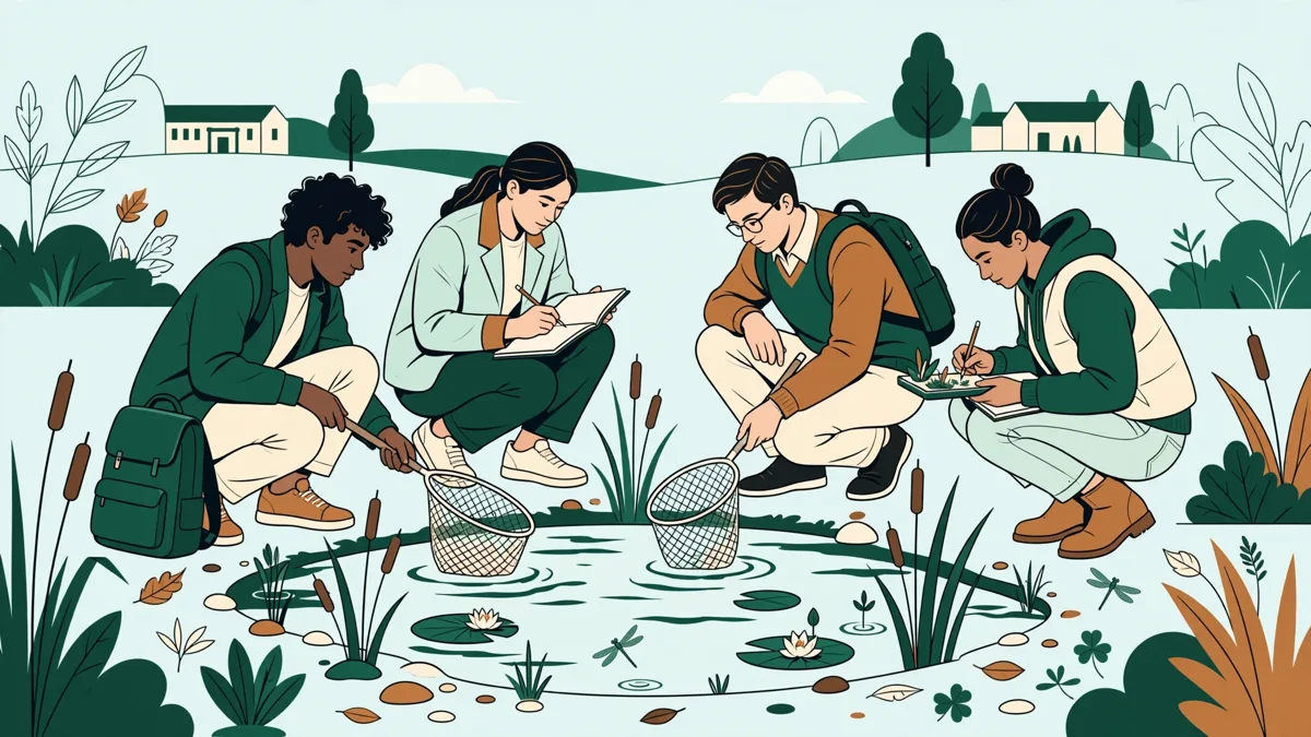 Quatre étudiants accroupis au bord d'une mare du campus qui relèvent plantes et insectes sur carnets.