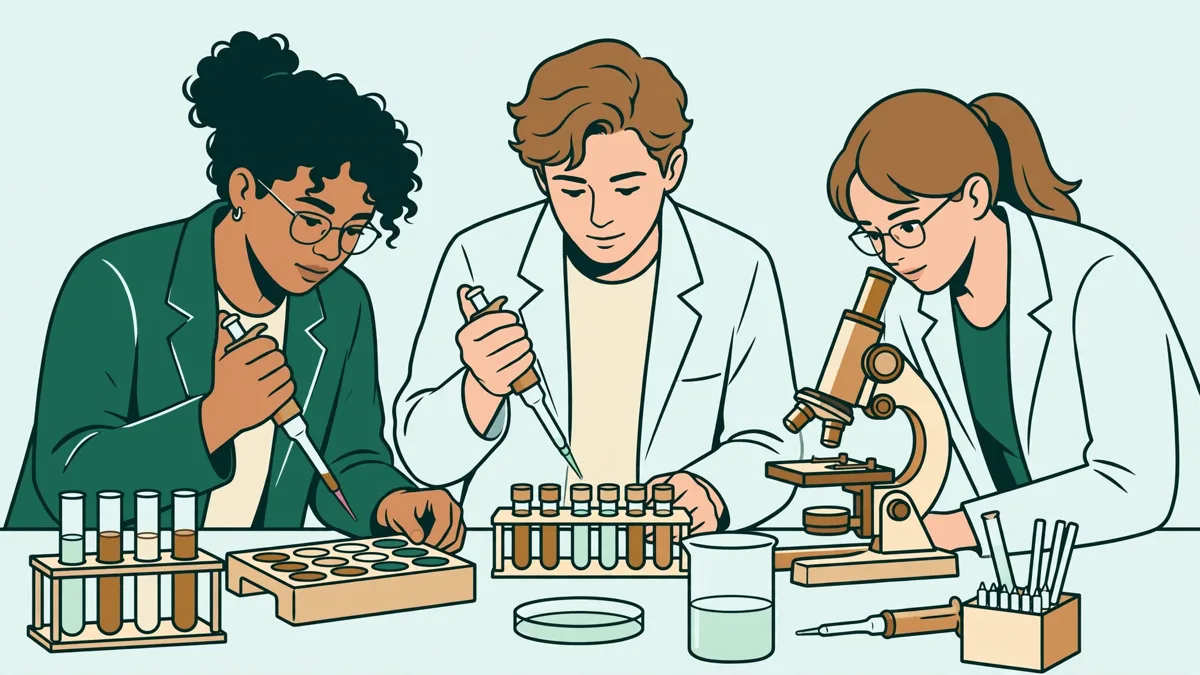 Deux étudiantes et un étudiant en blouse autour d'une paillasse qui pipettent des échantillons colorés et observent une lame au microscope.