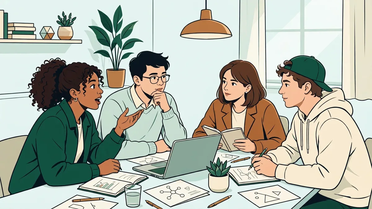 Quatre étudiants en sciences travaillant ensemble autour d'une table, ordinateur portable et cahiers, échange animé.