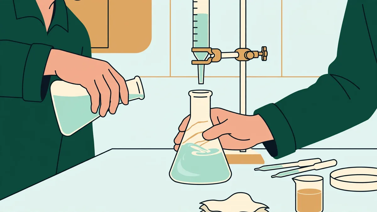 Deux étudiants en blouse blanche réalisant ensemble un dosage en travaux pratiques de chimie, paillasse claire et verrerie.