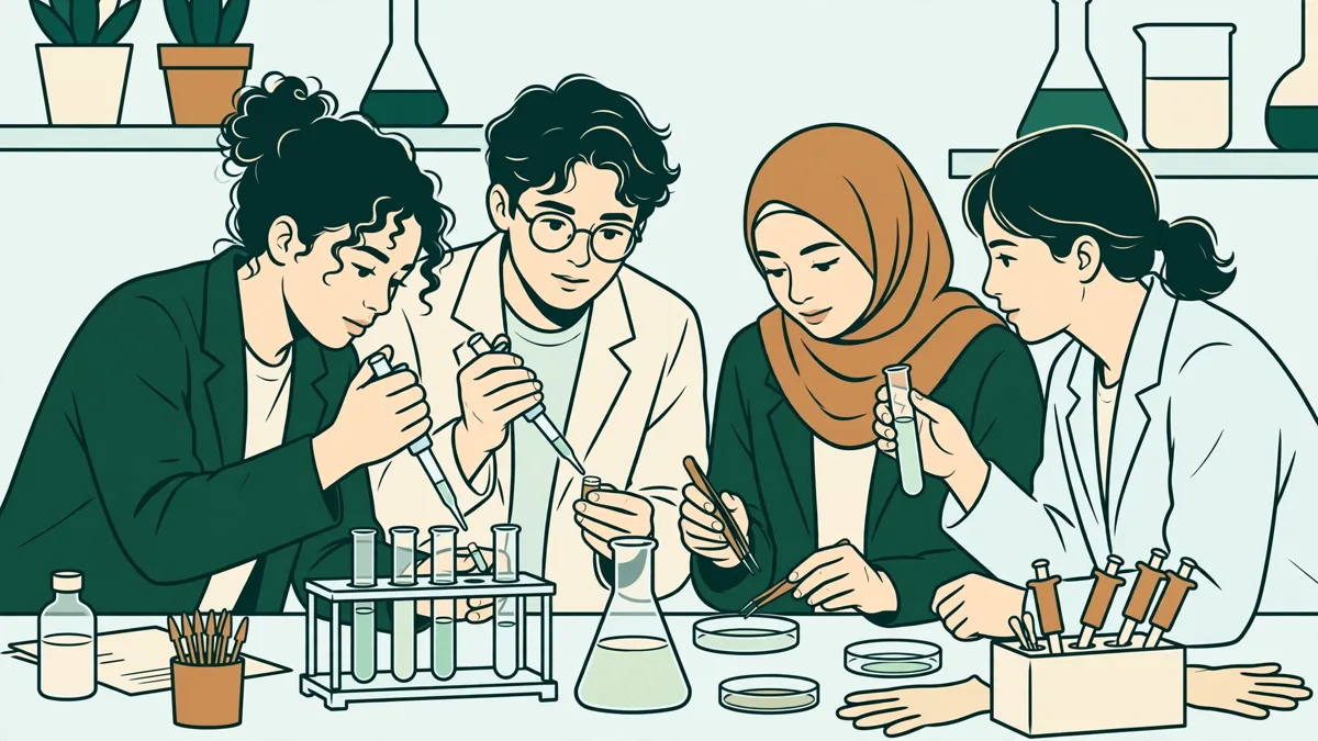 Petit groupe d'étudiants en blouse autour d'une paillasse, pipetant et observant des tubes pendant un TP de biologie et chimie