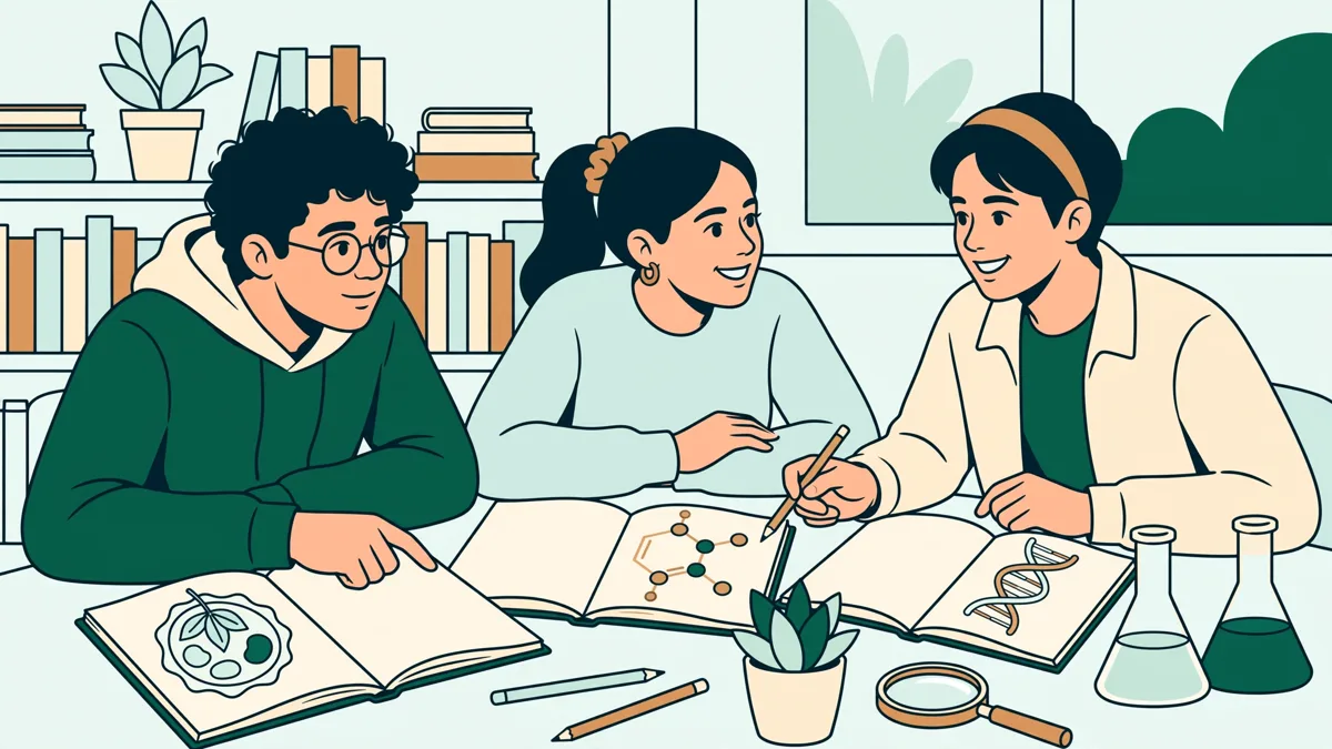 Trois étudiants autour d'une table de bibliothèque, schémas et cahiers ouverts, expliquant ensemble un exercice de sciences