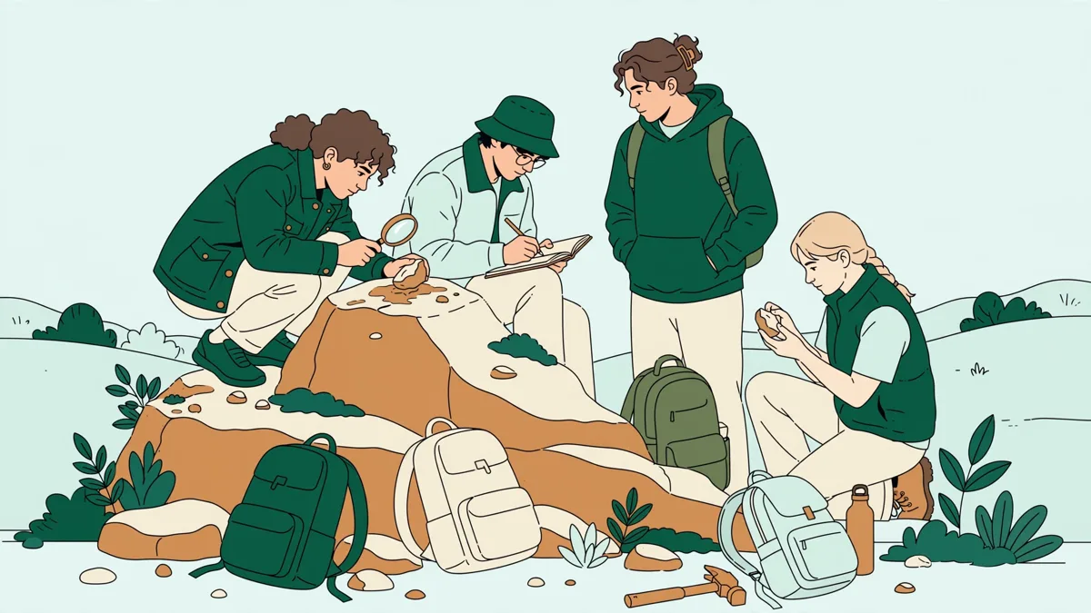 Quatre étudiants en sortie géologie sur un affleurement rocheux, l'un observe une roche à la loupe, une autre prend des notes.