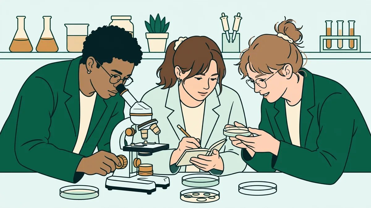Trois étudiants en blouse autour d'une paillasse qui observent ensemble au microscope pendant un TP de biologie.