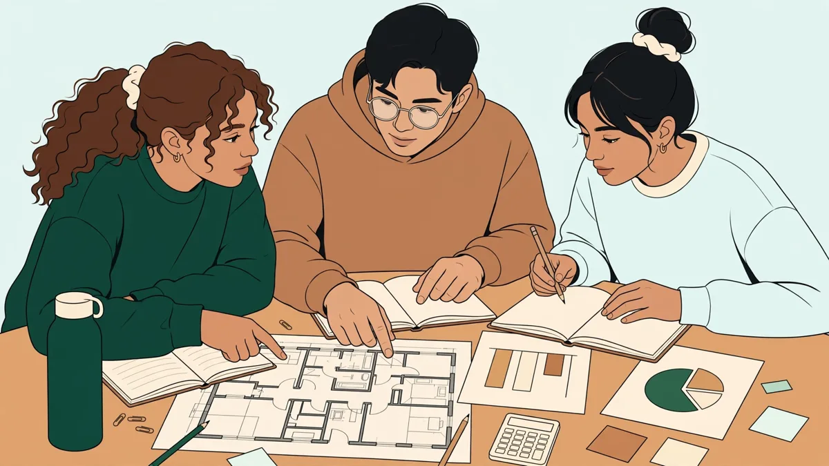 Trois étudiants autour d'une table qui préparent une réunion de copropriété avec des plans et des documents