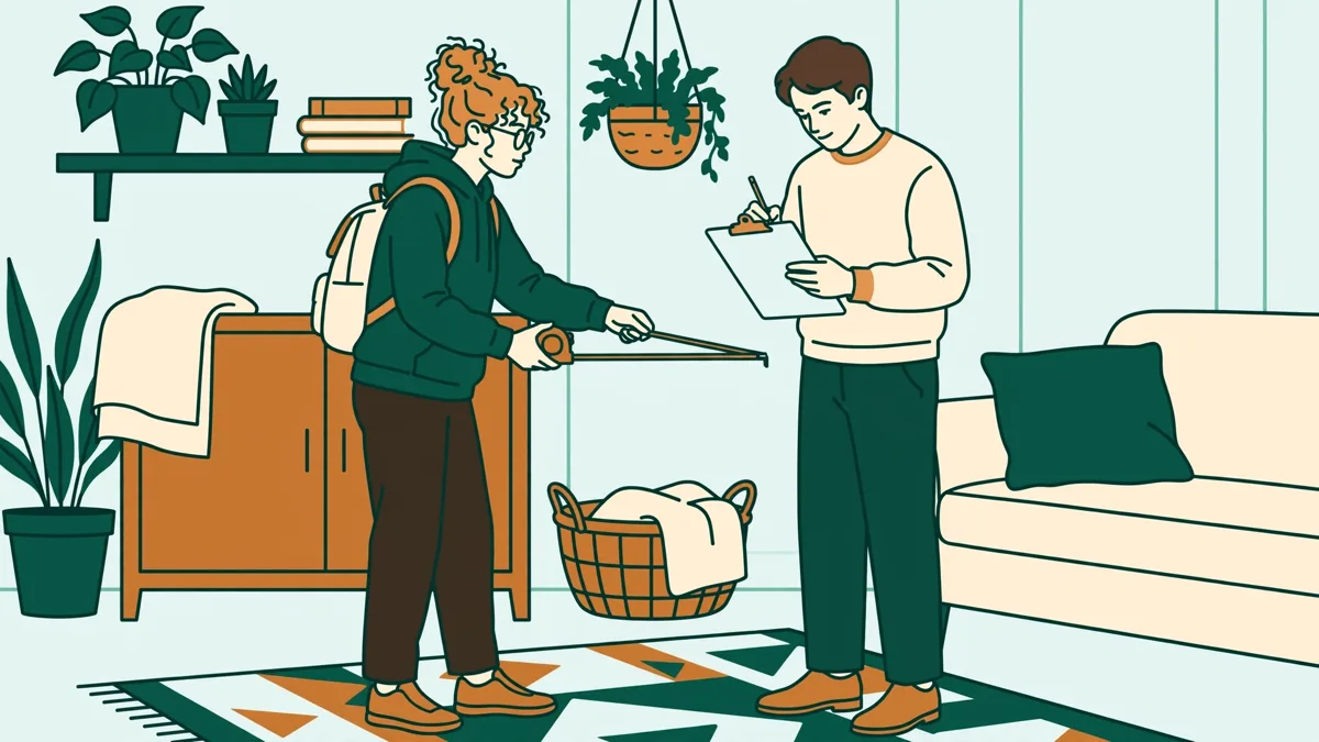 Deux étudiants en visite d'un appartement, l'un mesure une pièce pendant que l'autre prend des notes sur un carnet