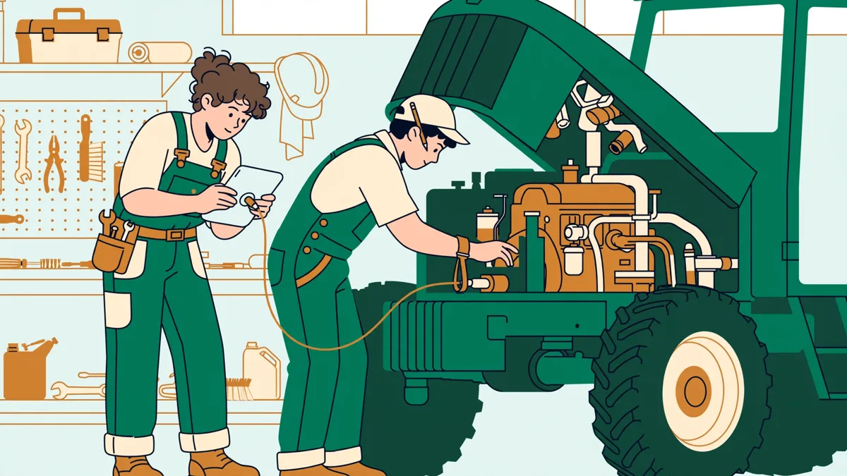 Deux étudiants en tenue d'atelier diagnostiquent un tracteur, l'un tient une tablette branchée au boîtier, l'autre inspecte le moteur capot ouvert.