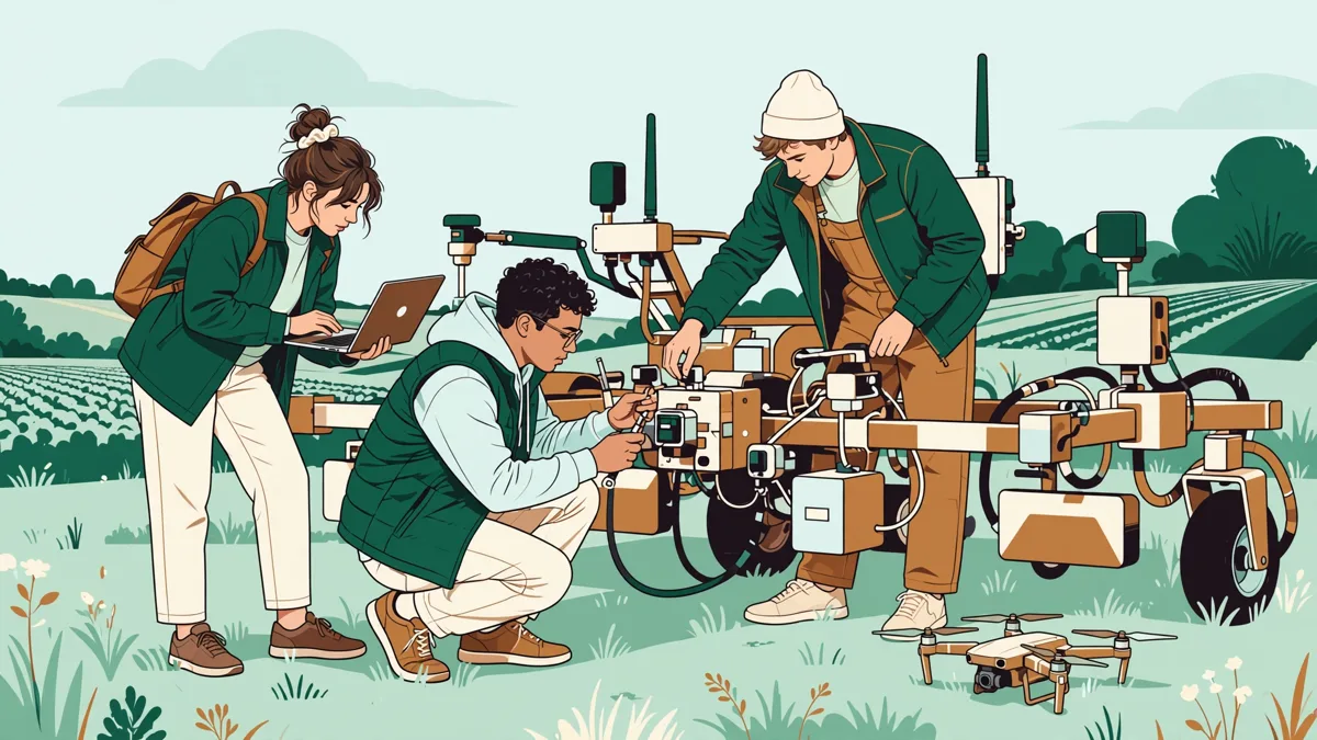 Trois étudiants dans un champ règlent un outil agricole connecté, l'un avec un ordinateur portable, un drone posé à côté pour la cartographie.
