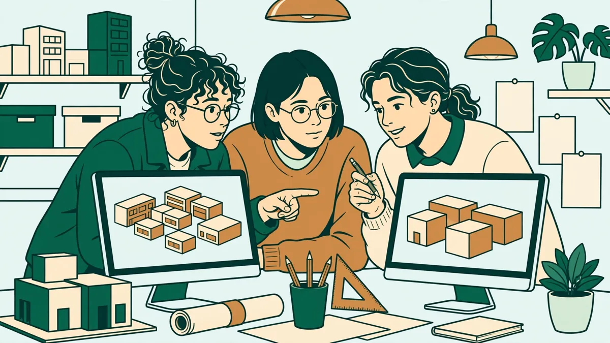 Étudiants en architecture devant des écrans d'ordinateur, en train de modéliser un bâtiment en 3D et d'en discuter ensemble