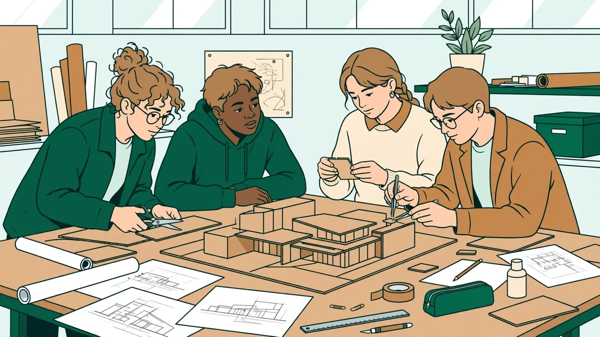 Étudiants en architecture autour d'une grande table d'atelier, en train de monter une maquette en carton et de comparer leurs croquis
