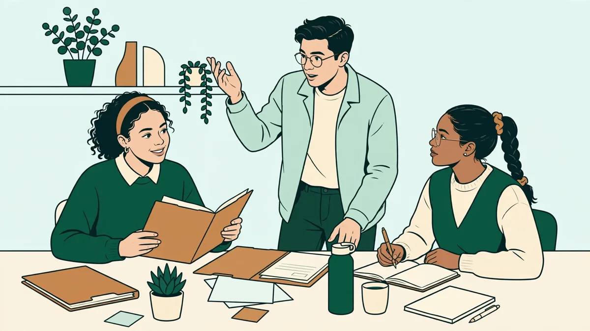 Trois étudiants autour d'une table préparent une assemblée générale de copropriété avec des dossiers et un ordre du jour.