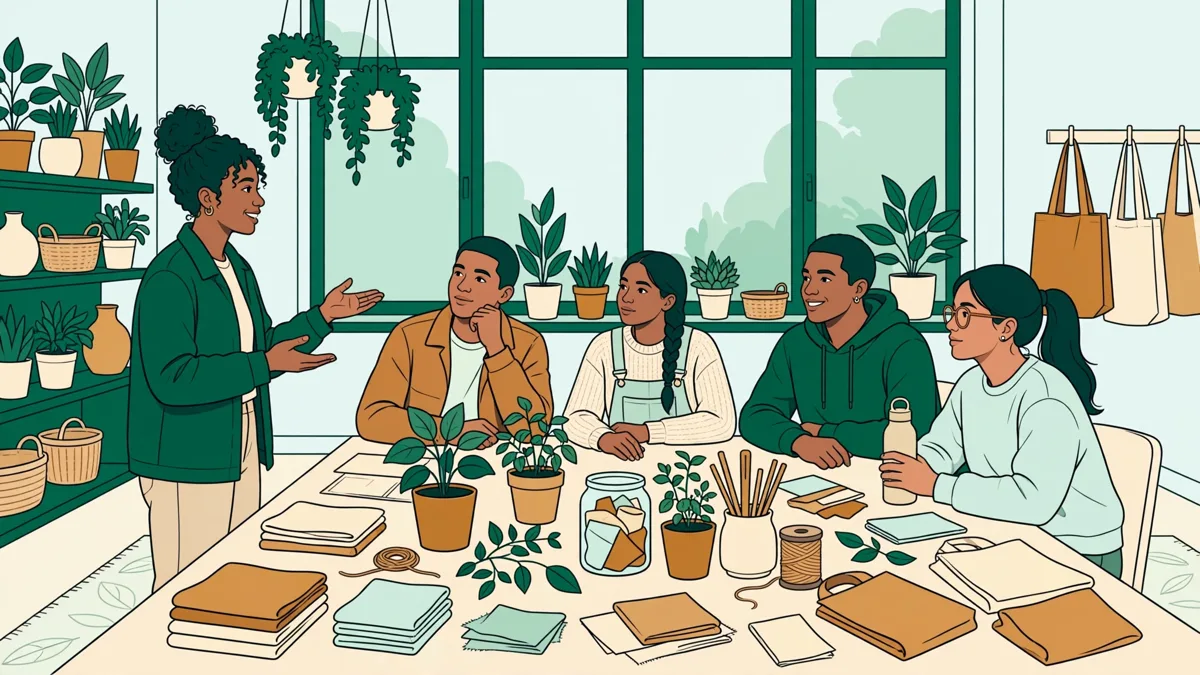 Étudiants animant un atelier participatif sur le développement durable autour d'une table avec plantes et matériaux réutilisables