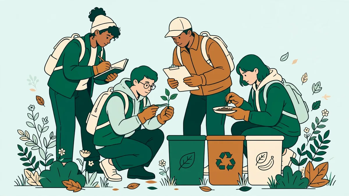 Petit groupe d'étudiants en gants de travail réalisant un diagnostic environnemental de terrain avec carnets et bacs de tri, en extérieur