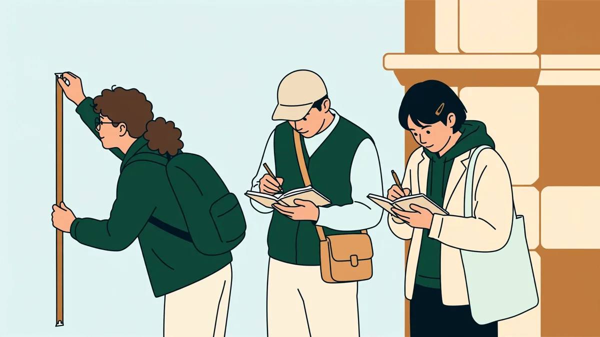 Trois étudiants en action devant une vieille façade en pierre, l'un tient un mètre ruban contre le mur, une autre dessine sur un carnet, le troisième prend des notes