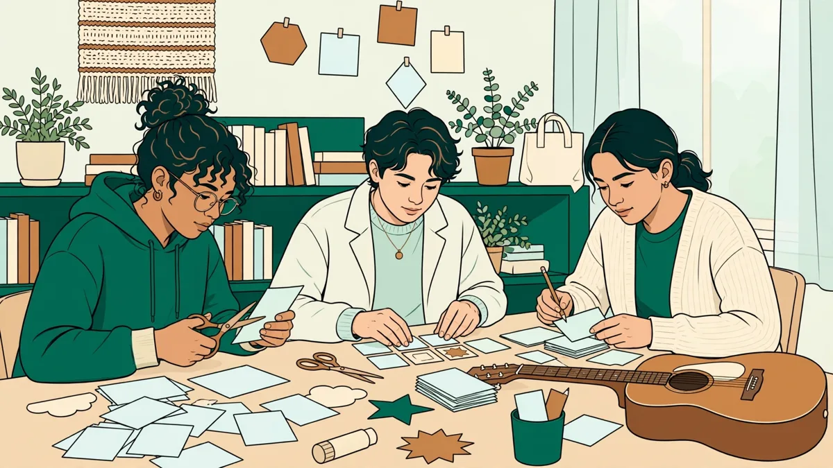 Trois étudiantes préparant ensemble une comptine catalane avec guitare et cartes illustrées.