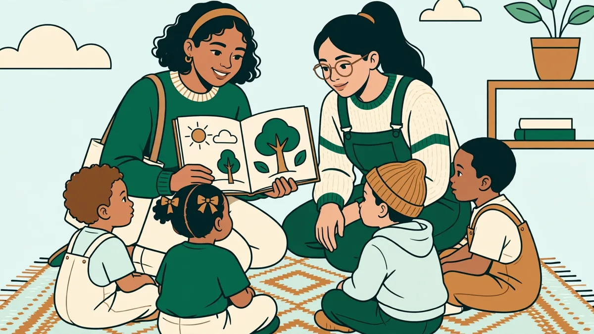 Étudiantes en train d'animer une lecture d'album en catalan devant un petit groupe d'enfants assis en cercle.