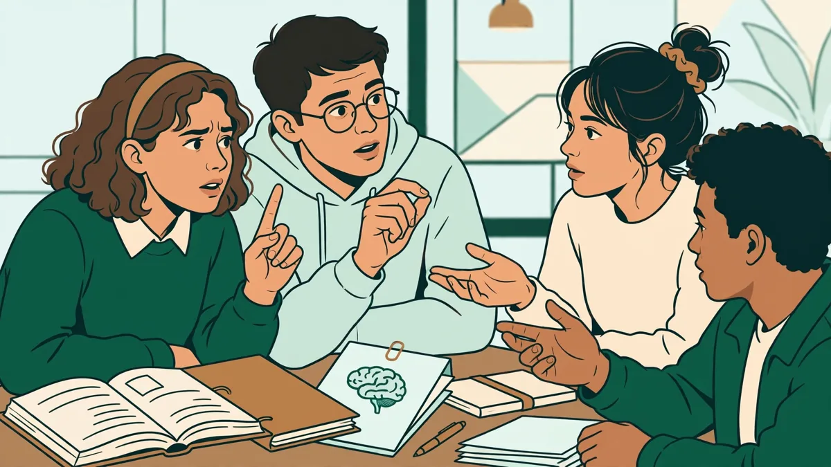 Petit groupe d'étudiants qui débattent autour d'une table avec des notes de psychologie et des codes de droit
