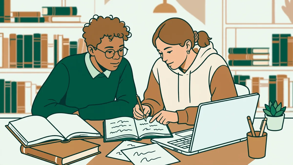 Deux étudiantes en bibliothèque universitaire comparent leurs notes devant des livres ouverts et un ordinateur portable.