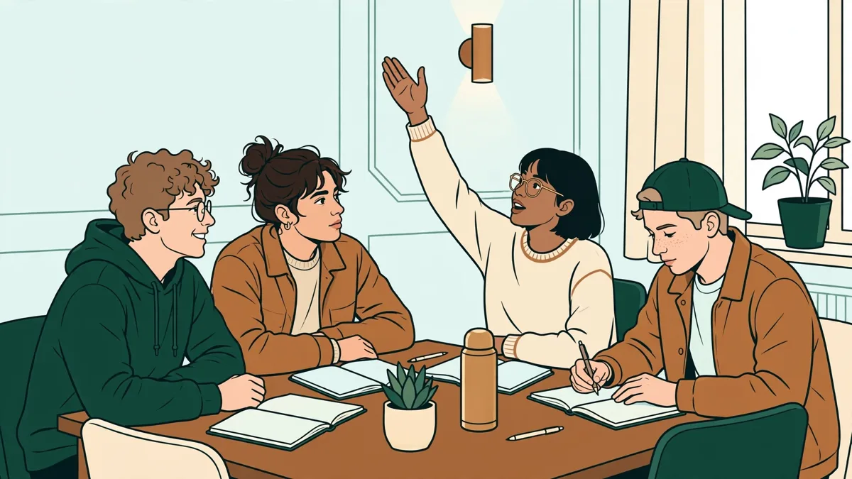 Quatre étudiants autour d'une table débattent d'un texte, carnets ouverts et mains levées, dans une salle de TD lumineuse.