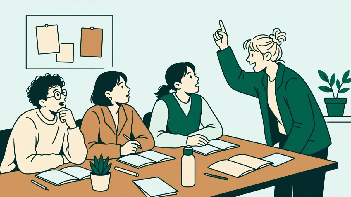 Petit groupe d'étudiants qui débattent en anglais autour d'une table de séminaire, l'une debout pour défendre son argument.