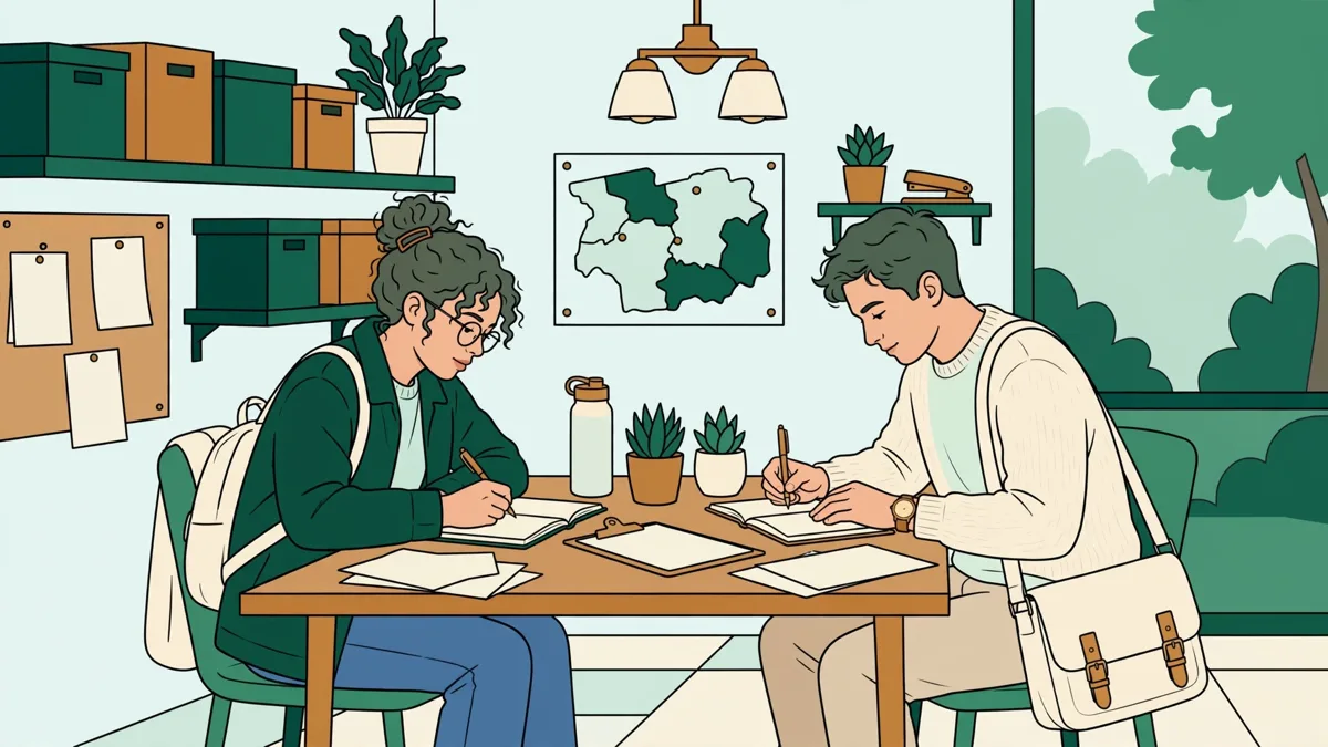 Deux étudiants en stage qui prennent des notes pendant une réunion de travail dans une association.
