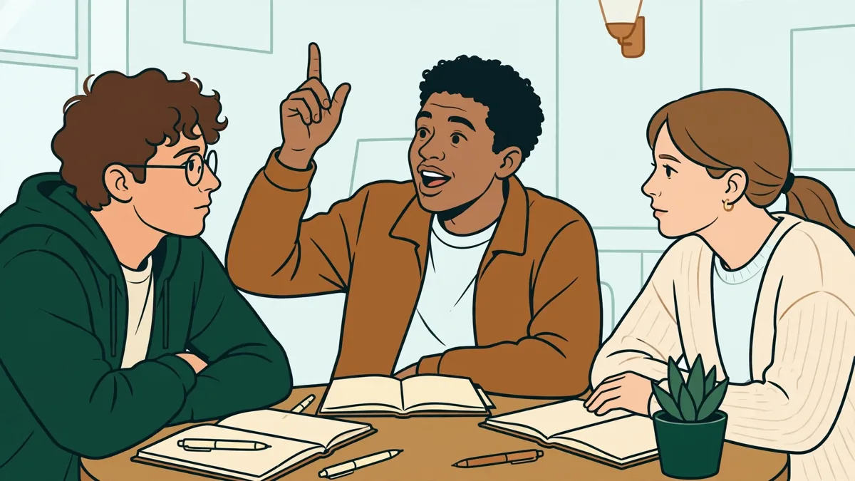 Trois étudiants autour d'une table de séminaire qui débattent, carnets ouverts, l'un qui prend la parole en gesticulant.