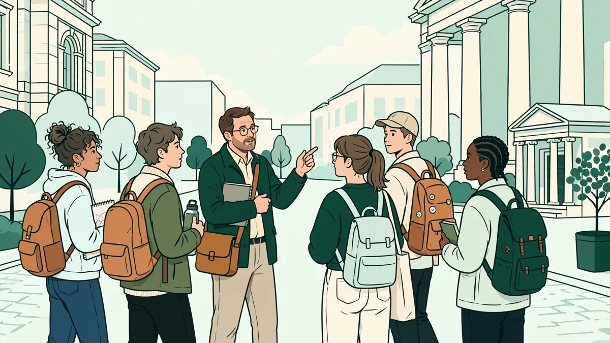 Un petit groupe d'étudiants avec sacs à dos qui visite un quartier institutionnel européen avec une enseignante.