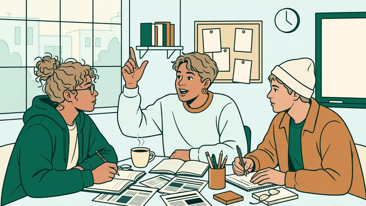 Trois étudiants en licence autour d'une table qui débattent avec des carnets et des articles de presse
