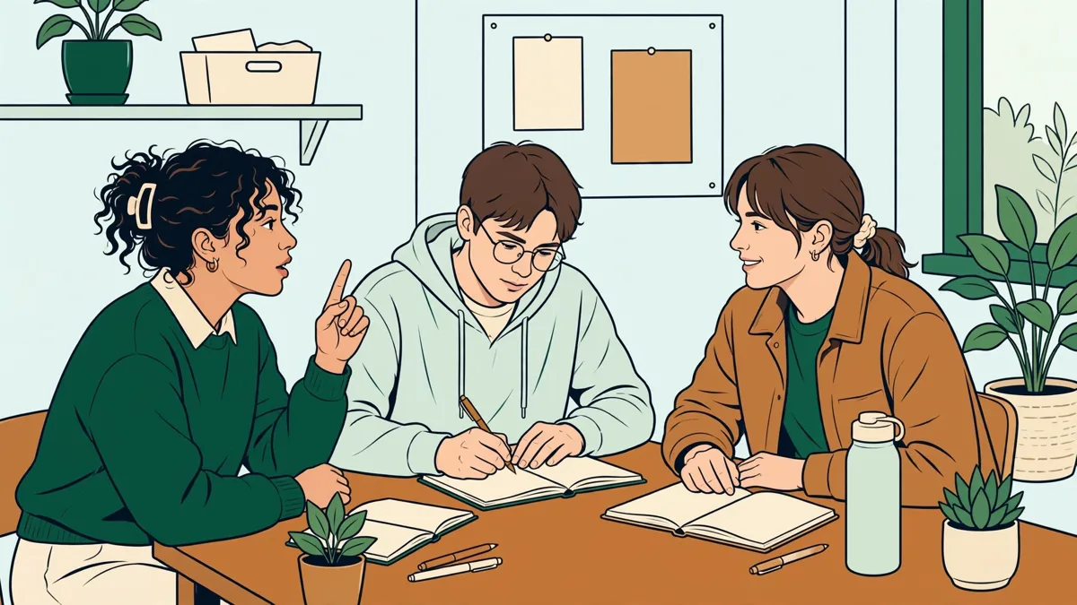 Illustration dessinée : deux étudiantes interrogent une animatrice dans un centre social, l'une prend des notes pendant l'entretien.