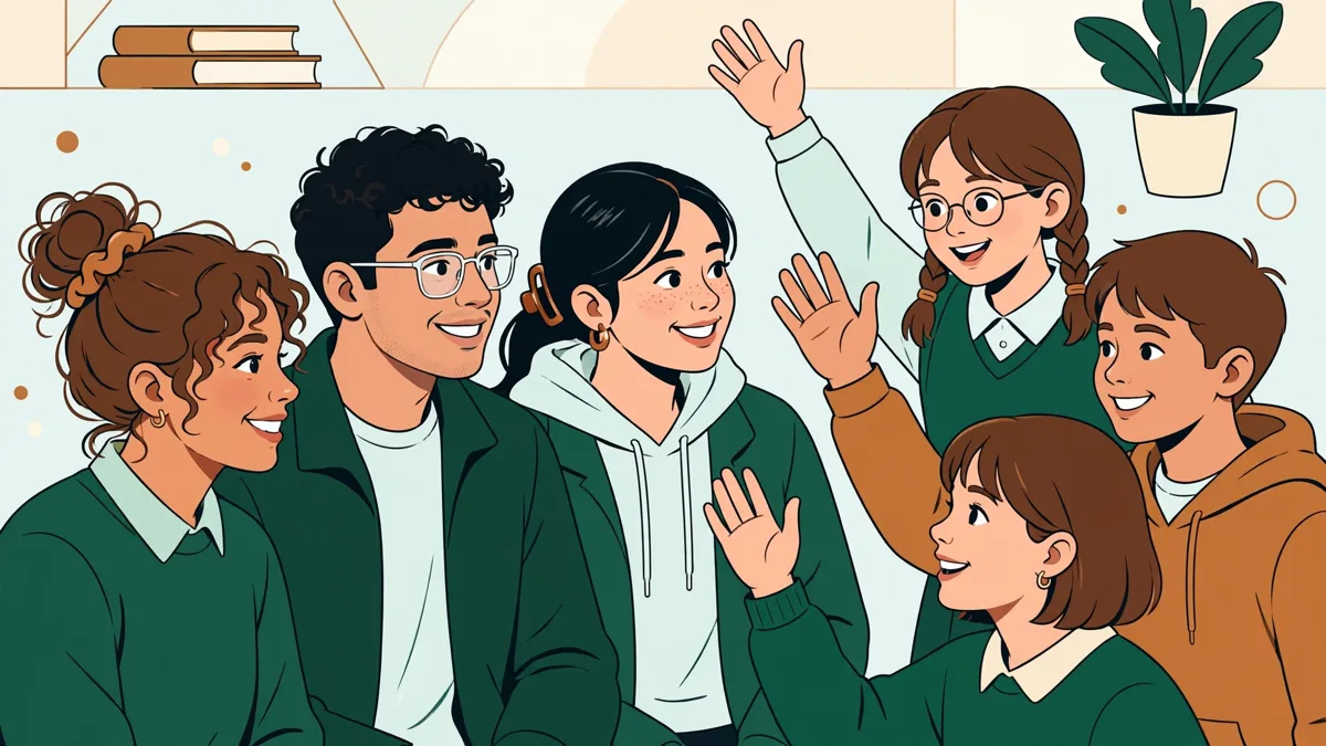Illustration dessinée : trois étudiants animent un débat avec des collégiens assis en cercle dans une salle de vie scolaire.