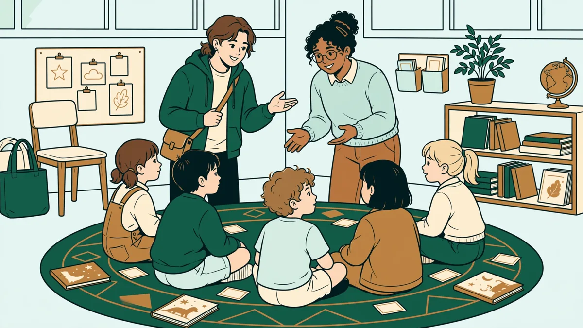 Deux étudiantes animant un atelier de lecture bilingue avec des élèves de primaire assis en cercle sur un tapis.