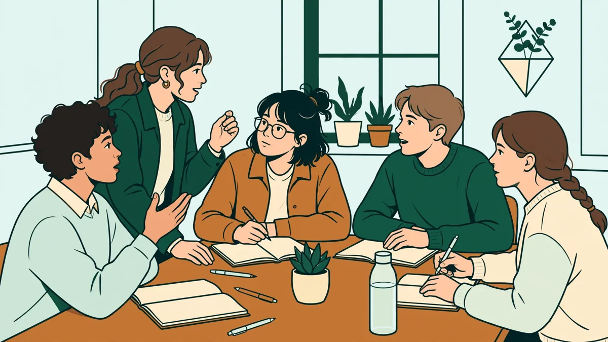 Petit séminaire d'étudiants autour d'une table qui débattent, carnets ouverts, animés par une enseignante.
