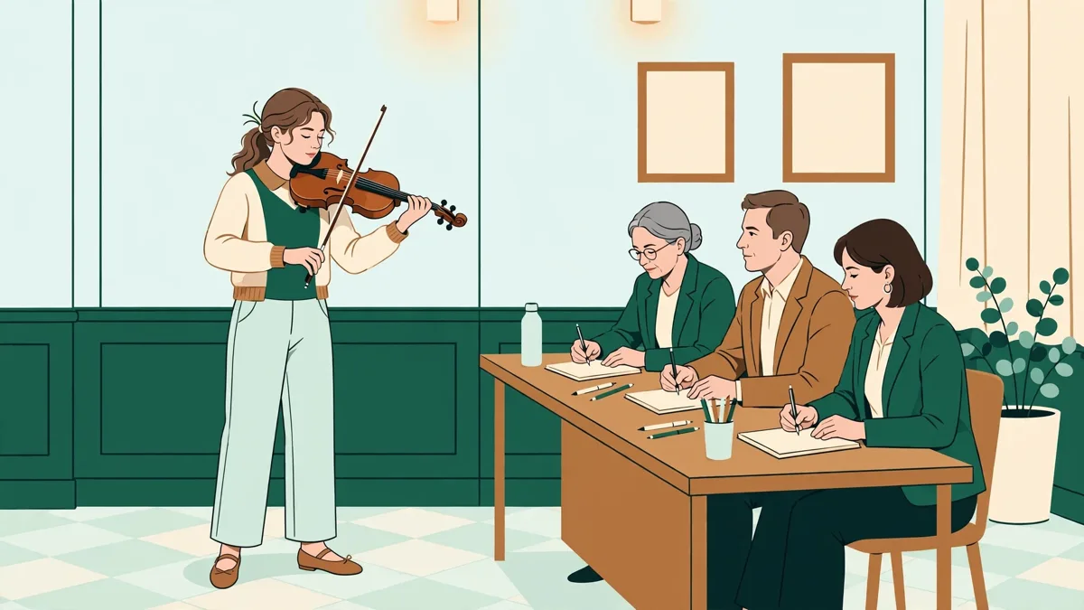 Une jeune violoniste joue debout devant un petit jury attablé qui prend des notes, en salle d'audition.