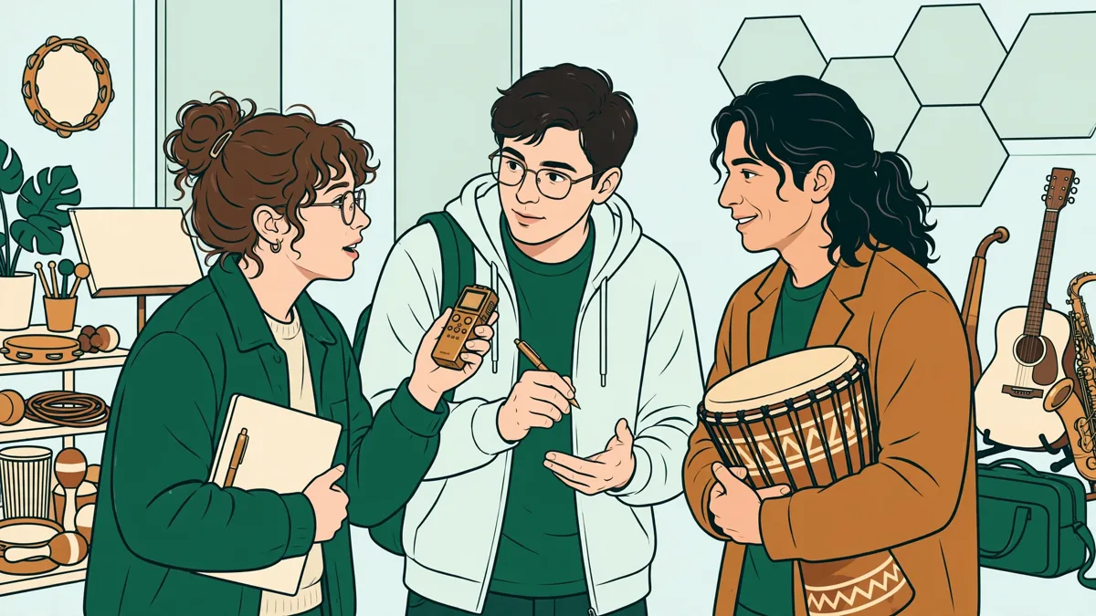 Deux étudiants interrogent un musicien avec un enregistreur portable et des carnets, instruments posés à côté, en salle de répétition.