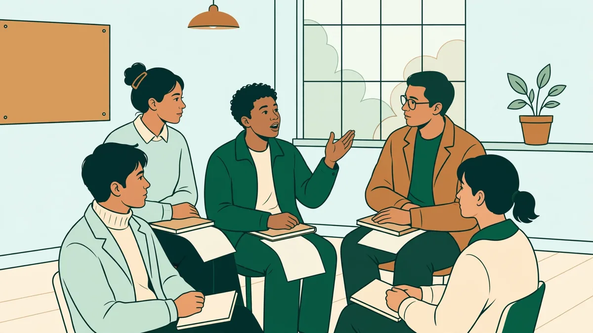 Petit groupe d'étudiants assis en cercle en salle de cours qui débattent autour de carnets et de textes