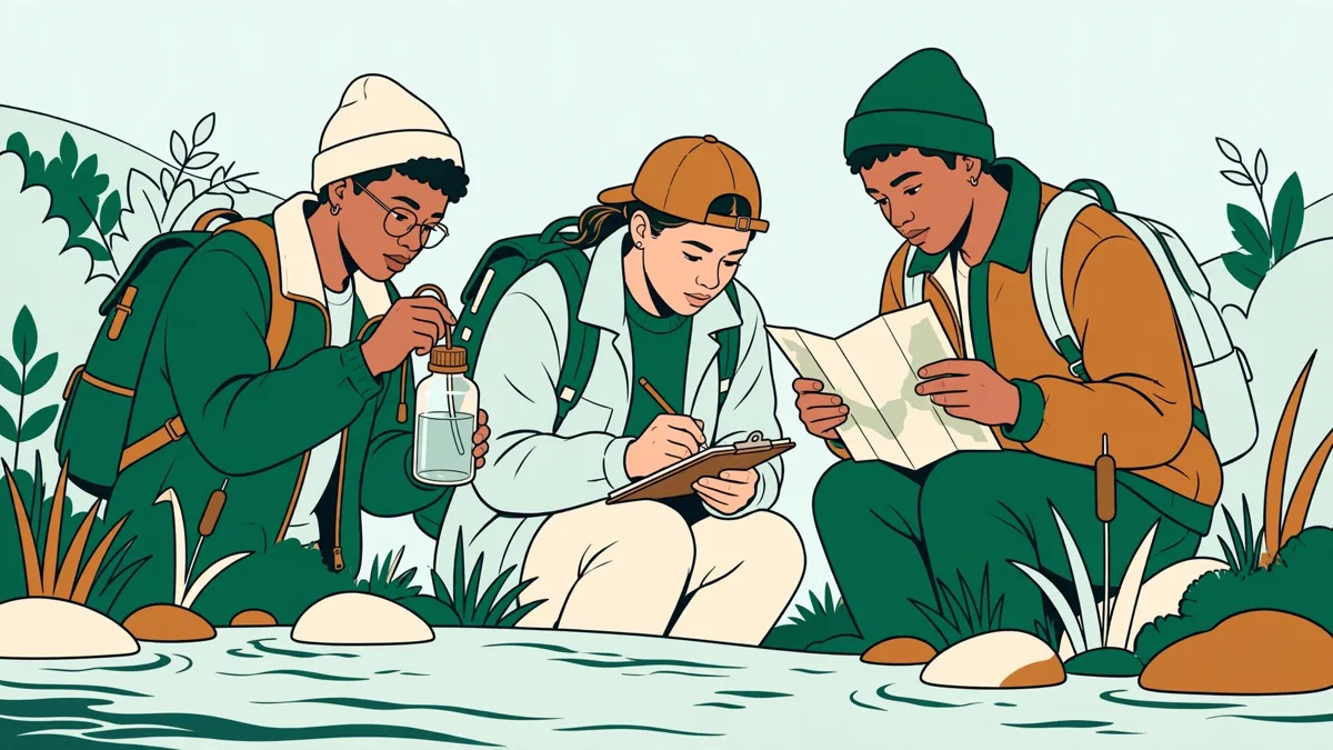 Trois étudiants au bord d'une petite rivière, l'un relève une mesure d'eau, une autre note les résultats, le troisième tient la carte du secteur.