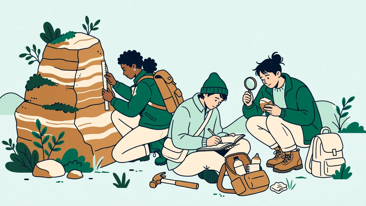 Petit groupe d'étudiants en géologie autour d'un affleurement rocheux, l'une mesure une couche, un autre dessine un croquis, sacs et carnets posés à côté.