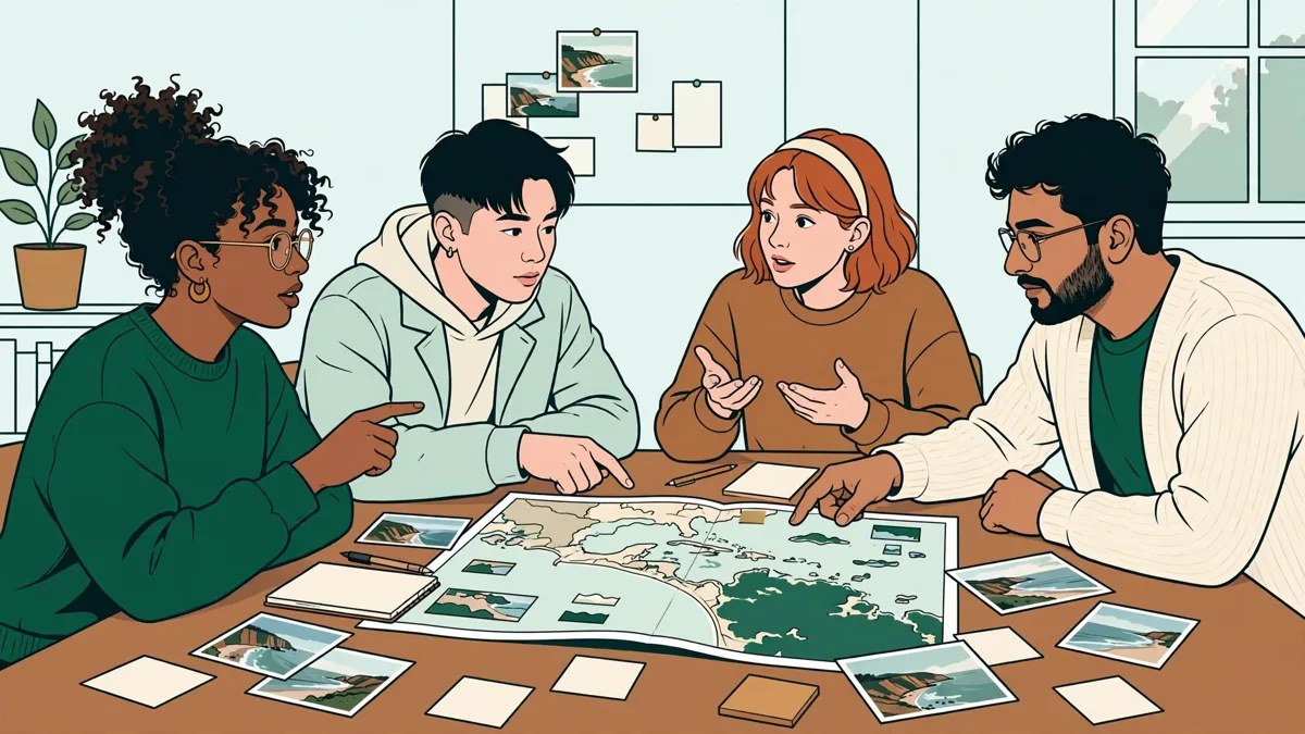 Quatre étudiants autour d'une grande carte du littoral posée sur une table discutent d'un projet avec des post-it et des photos