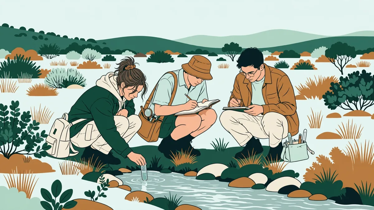 Trois étudiants accroupis au bord d'un cours d'eau qui prélèvent de l'eau et notent leurs observations dans la garrigue.