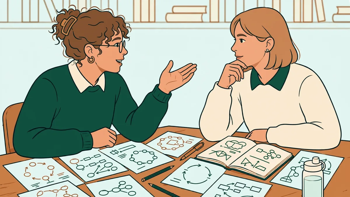Deux étudiants qui révisent ensemble leurs enseignements de santé, fiches et schémas étalés sur une table de bibliothèque.