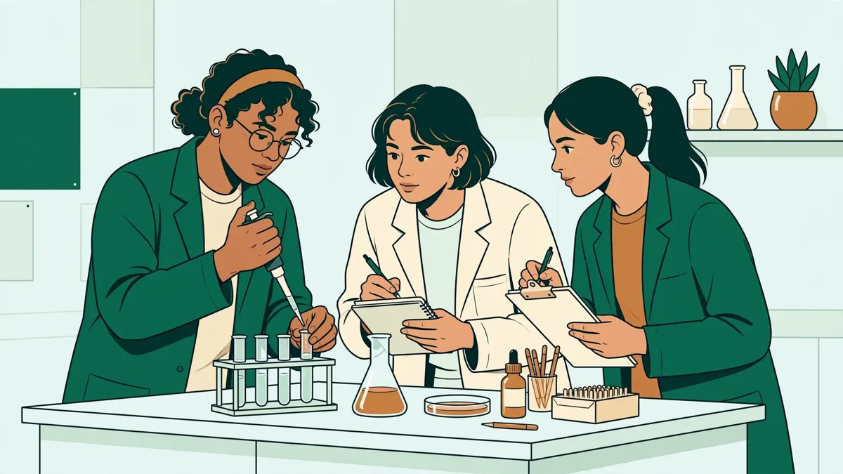 Étudiants en blouse autour d'une paillasse de TP de biologie, l'un pipette un échantillon pendant qu'une autre note les résultats.
