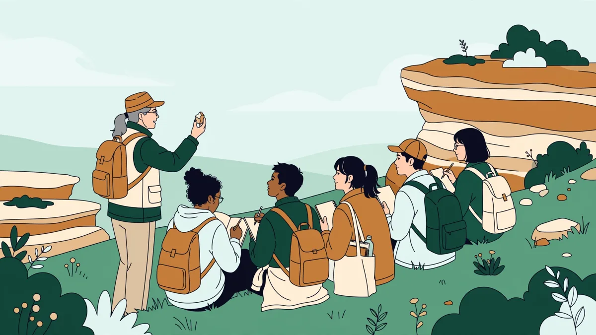 Un petit groupe d'étudiants en extérieur avec carnets et marteaux de géologue qui observent une coupe de roche guidés par leur enseignante.