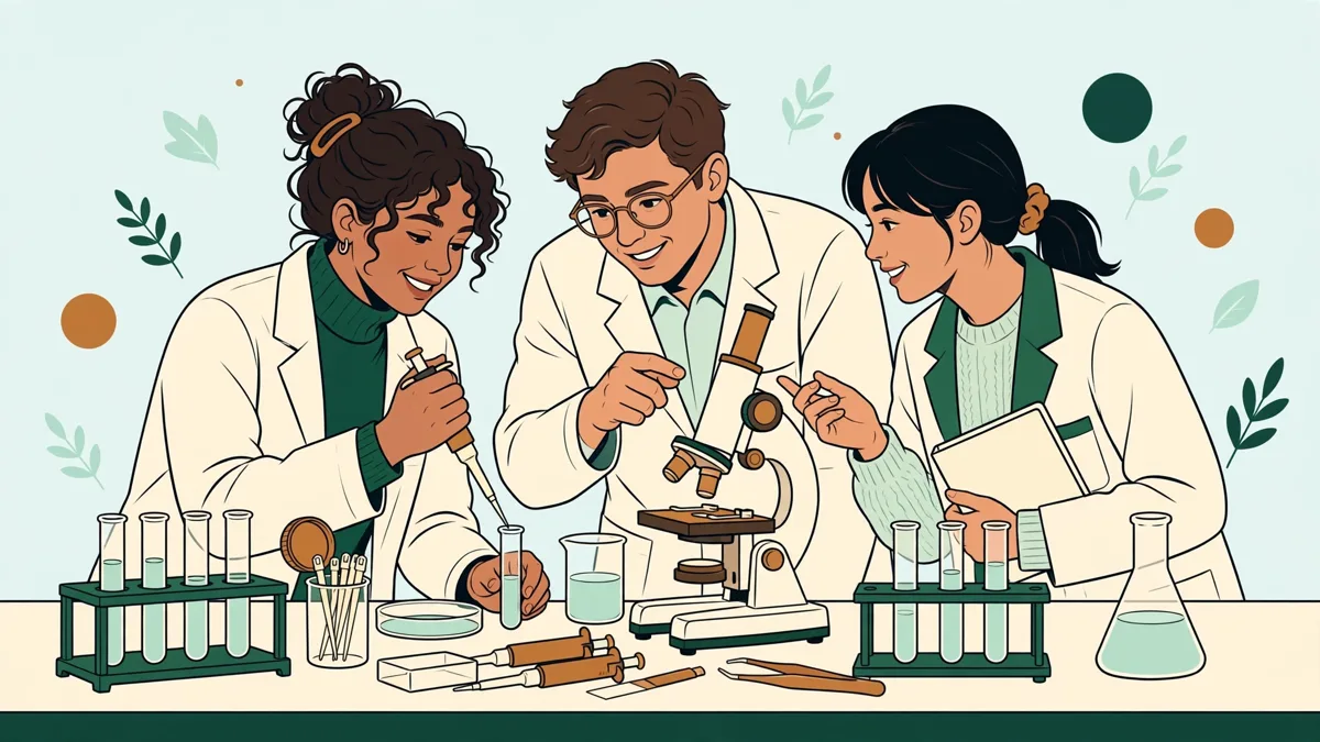 Trois étudiants en blouse autour d'une paillasse qui manipulent des pipettes et des tubes, l'un observe au microscope pendant qu'une autre note les résultats.