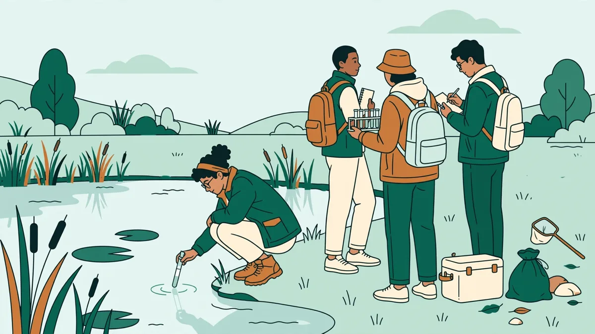 Un petit groupe d'étudiants en extérieur qui prélève de l'eau et note des observations dans un carnet