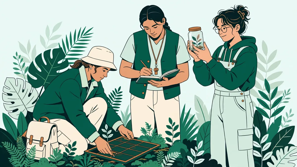 Des étudiants en écologie en pleine végétation tropicale : l'une pose un cadre de relevé au sol, un autre écrit sur un carnet, une troisième tient un bocal d'échantillon.
